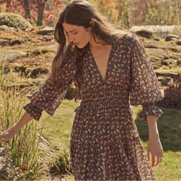 💕DOEN💕 Cecily Dress ~ 100% Ramie Teal Canterbury Paisley Print XL NWOT - Picture 5 of 16